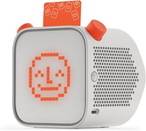 Yoto player with a white background showing the Yoto player logo and orange card. 