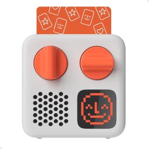 Yoto mini, compact small square device on a white background with orange card. 