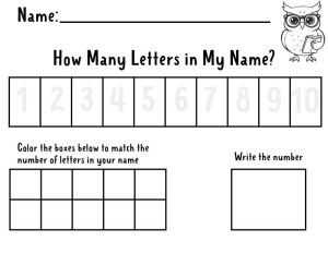 how many letters in my name worksheet with owl in top right corner