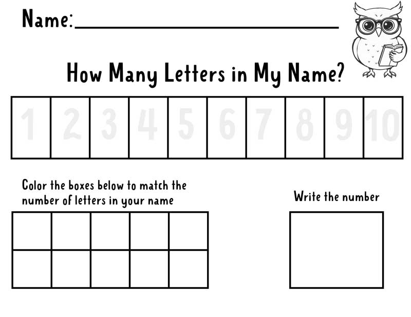 how many letters in my name worksheet with owl in top right corner