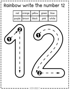 Free rainbow write printable number 12 kindergarten worksheet