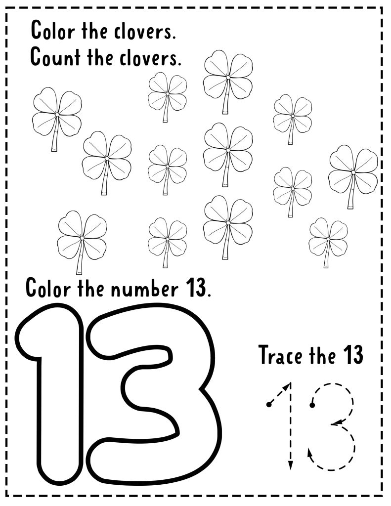 Worksheet with 13 clovers on top half, bubble letters of 13 on bottom left and 13 trace on bottom right. 