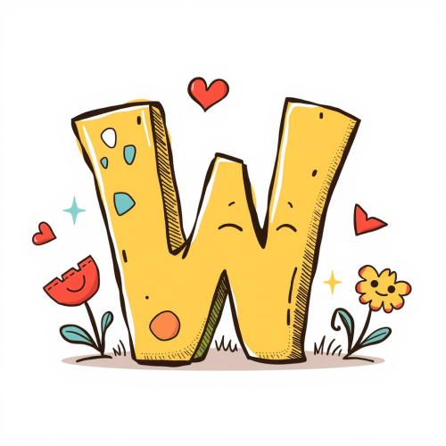 letter w in a cartoon yellow with flowers around it