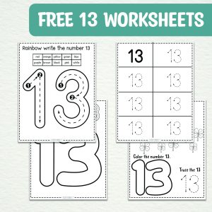 Display image of 4 worksheets with text "free 13 worksheets" as the title on the image.